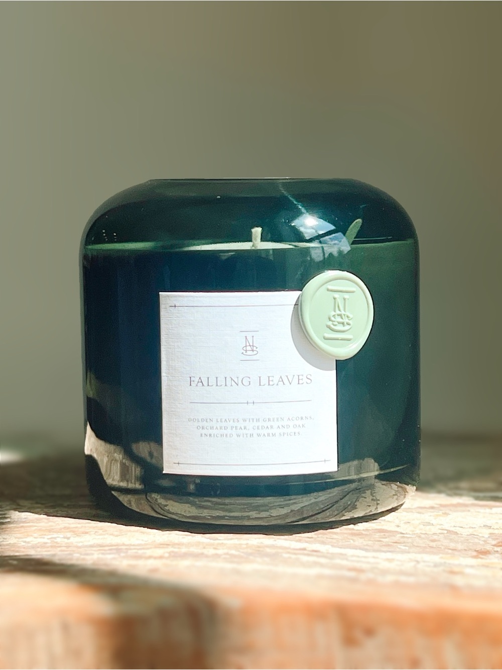 NEW Ninety Six Falling Leaves Candle 16 OZ Forest Green Glass Vessel